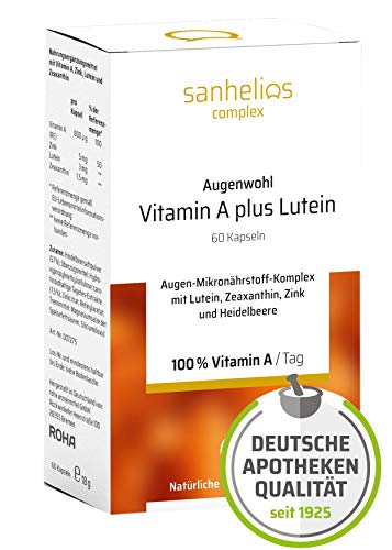 Sanhelios Augenwohl Vitamin A und Lutein | MÜDE UND GESTRESSTE AUGEN | Apothekenqualität | 60 Kapseln = 2 Monate | Nur natürliche & pflanzliche Zutaten | Hergestellt und geprüft in Deutschland