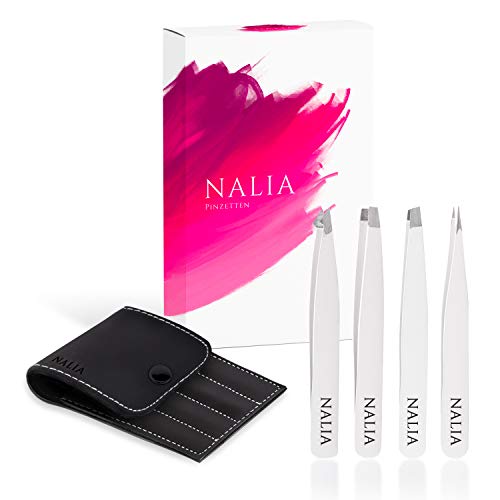 NALIA 4 Pinzetten + Extra Reisepinzette - Die Lösung für präzise Haarentfernung! - Optimal für Augenbrauen zupfen und Wimpernverlängerung