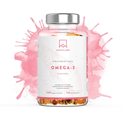 Omega 3 Fischöl [ 2000mg ] von Aava Labs – Hohe Stärke – Molekular destilliert für höchste Reinheit und Frische - 800mg EPA & 400mg DHA pro Tagesdosis - Frei von Gentechnik und Gluten - 120 Kapseln