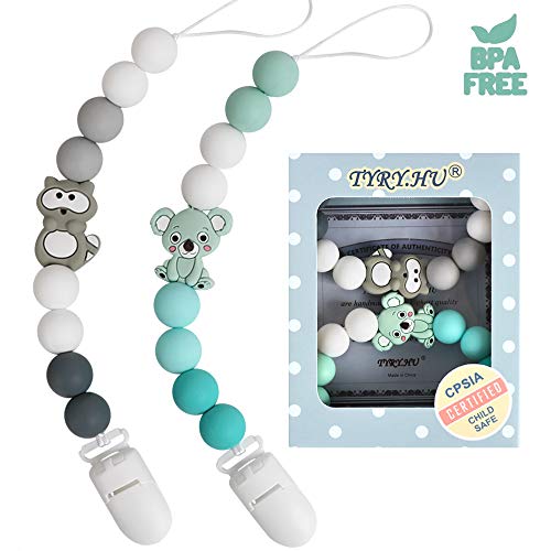Schnullerkette junge und mädchen Dummy Clips Schnuller Halter für Baby Silikon Waschbär Koala Beißring Perlen BPA Frei (Grau Grün)