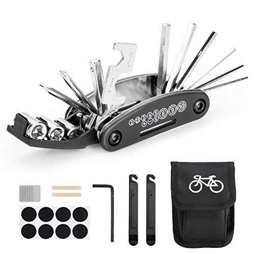 Woopus Fahrrad-Multitool, 16 in 1 Werkzeuge für Fahrrad Tragbare Werkzeuge Set Tasche mit Kette Werkzeug und Reifenpatch Hebel,Selbstklebendes Fahrradflicken usw