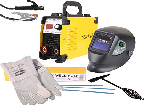 WELDINGER Aktionsset Schweißinverter E 181 eco, Automatik-Schweißhelm, Elektrodensortiment, Schlackehammer, Handschuhe