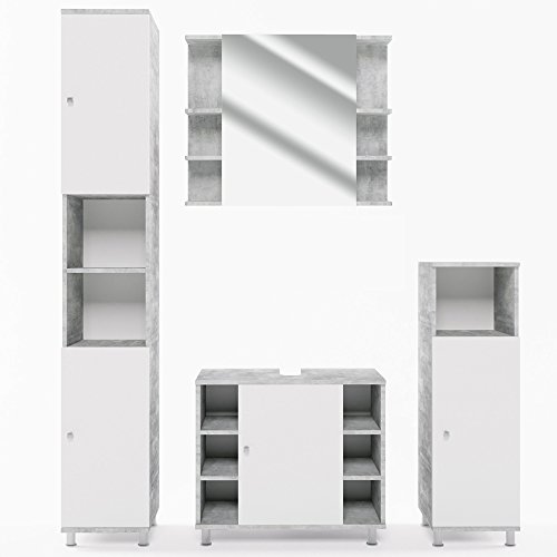 VICCO Badmöbel Set Badezimmermöbel FYNN Spiegel + Unterschrank + Midischrank + Hochschrank (Set 4, Beton)