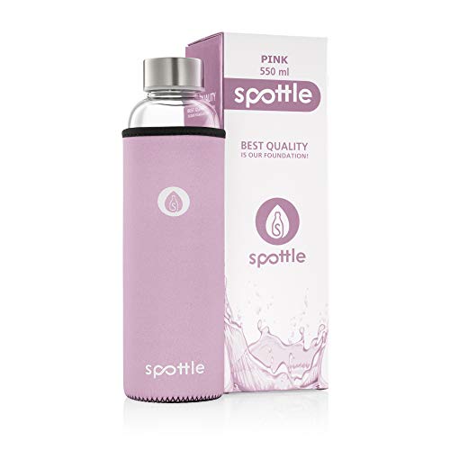 Spottle Glasflasche - Trinkflasche aus Glas mit Neoprenhülle in 550 ml - spülmaschinenfest und auslaufsicher - ideal für unterwegs, Saft, Sport und Yoga - 100% BPA frei (Pink)