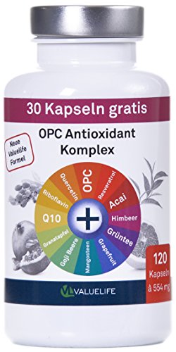 OPC Antioxidant Komplex I OPC angereichert mit 11 wichtigen Antioxidantien I Für Zellschutz, Anti-Aging, Immunsystem I Ohne Zusatzstoffe I 120 vegane Kapseln