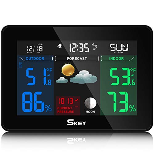 SKEY Wetterstation Funk mit Farbdisplay, Digital Thermometer-Hygrometer für Innen und außen, inkl. Außensensor,Hintergrundbeleuchtung in Farbe,Schwarz