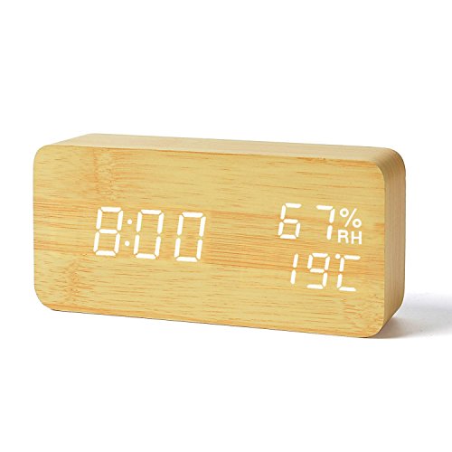FiBiSonic Wecker Digitale Tischuhr LED Datum Feuchtigkeit Temperatur Holz Standuhr Dekoration Alarm