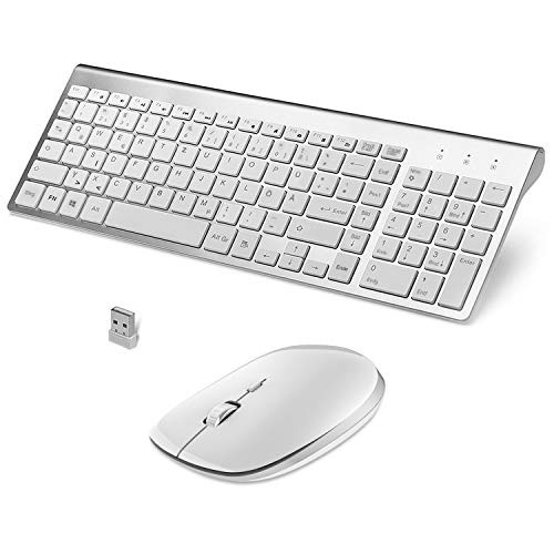 FENIFOX Wireless Tastatur, QWERTZ Ergonomische Tastatur Und Maus Set Kabellos Flüsternd Key 2,4 GHz Funk mit USB für Computer Pc Laptop (Weiß Und Silber)