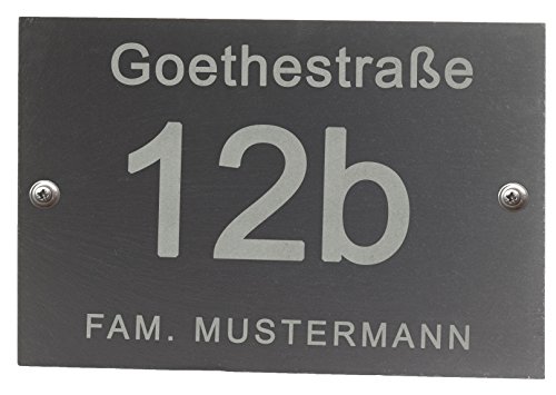 Hausnummer aus Schiefer Schiefertafel mit Lasergravur Name Str. Nr. und Ihrem Text/Daten schwarz / anthrazit Hausnummernschild von Feiner-Tropfen