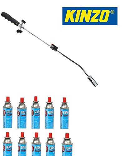 Kinzo Unkrautbrenner Gasbrenner Unkrautvernichter Brenner Abflammgerät Bajonettanschluss Piezo Zündung und 12 Gaskartuschen