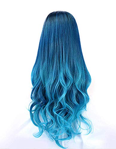 Solike 65cm Blau Lace Frontseiten Perücken für Damen Lange Top Synthetische Haar Perücke Natürliche Farbverlauf Wurzeln Spitze Perücken für Frauen Wavy Perücke für Cosplay Karneval (Blau)