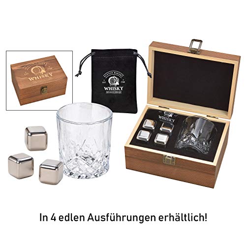 Whisky Kühlsteine aus Edelstahl in 4 edlen Varianten - Whisky Steine mit Whisky Gläsern und Geschenkbox