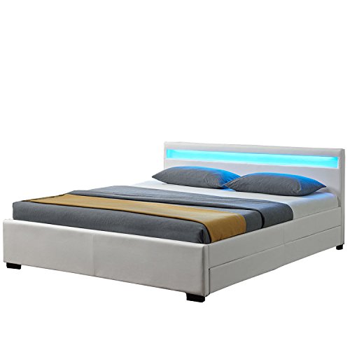 Polsterbett „Lyon“ – 180 × 200 cm - weiß – Bettgestell mit Bettkasten, Lattenrost, LED-Beleuchtung & Kunstleder | ArtLife