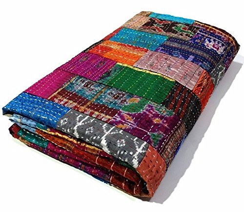 Manglam Arts Patchwork-Tagesdecke, Queen Size, Seide, 228,6 x 274,3 cm
