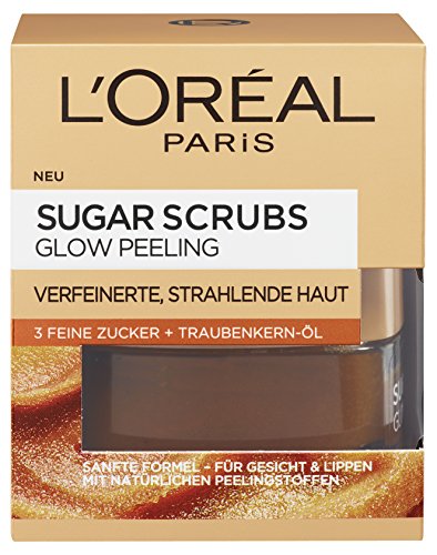 L'Oreal Paris Sugar Scrubs Glow Gesichtspeeling, mit Zucker und Traubenkern-Öl, für eine glatte und strahlende Haut, 50 ml