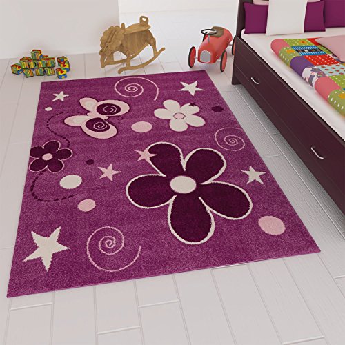 Kinder Teppich Modern Blumen Sterne Farbe Lila – VIMODA; Maße: 80x150 cm