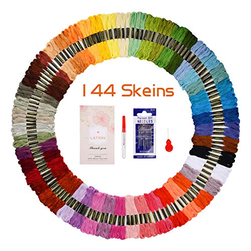 LETION 144 Knäuel Stickgarn, Regenbogenfarben Kreuzstichfäden Kit Basteln für Armbänder Sticknadelwerkzeug, DIY Haarringe, Glasflaschen(48 Farben)