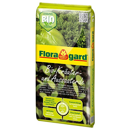 Floragard Bio Kräuter- und Aussaaterde 5 L • torfreduzierte Bio-Spezialerde • zum Aussäen, Stecken und Pikieren • für alle Kräuterarten • mit Perlite und Kompost