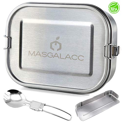 Masgalacc Brotdose Edelstahl mit herausnehmbarer Fächern und zusammenklappbarer Löffel- BPA Frei - Auslaufsicher Bento Box Lunchbox für Kinder und Erwachsene,Brotbüchse,Vesperdose(1200 ML)