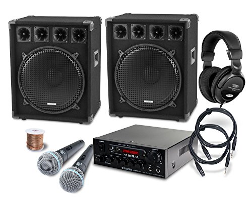 McGrey DJ Karaoke Komplettset PA Anlage Party-2500 (Lautsprecher, 2 x 800 Watt, Bluetooth-Endstufe, Verstärker, Lautsprecherkabel, Kopfhörer, Mikrofon, Klemme, Reduziergewinde, Etui, Mikrofonkabel)