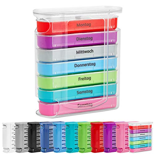 WELLGRO Tablettenbox für 7 Tage - je 4 Fächer pro Tag, 11,5 x 4,5 x 13 cm (BxTxH) - Farbe wählbar, Farbe:Bunt