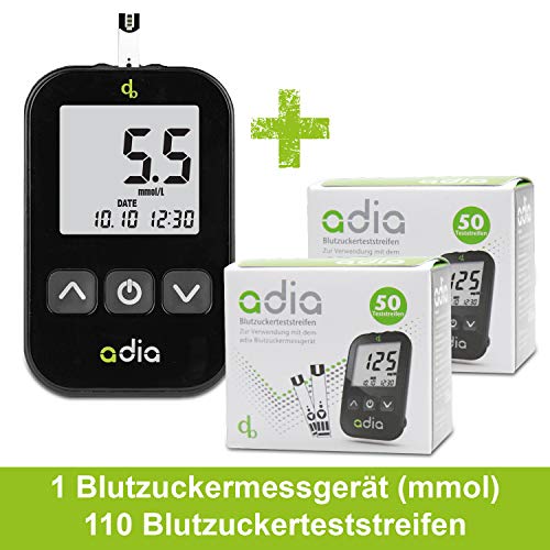 Adia Diabetes-Starter-Set inkl. Blutzuckermessgerät (mmol) mit 110 Blutzuckerteststreifen, Stechhilfe und Lanzetten - Einfache Selbstkontrolle bei Diabetes!