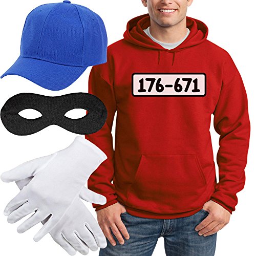 Shirtgeil Panzerknacker Banditen Kostüm Hoodie + MÜTZE + Maske + Handschuhe Kapuzenpullover Hoodie Large Rot