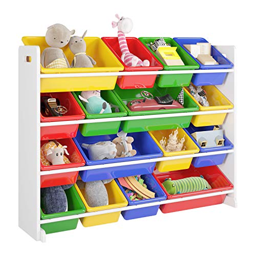Homfa Kinderregal Spielzeugregal Kinderzimmerregal Aufbewahrungsregal Toy Organizer für Spielzeug, 16 Kästen aus Kunststoff, Mehrfarbig 105 x 23 x 80cm