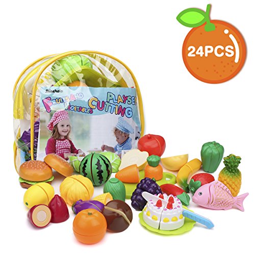 Shinehalo 24 Stücke Küchenspielzeug Schneiden Obst Gemüse Lebensmittel Spielzeug mit Bagpack Schneiden Spielset voller Spaß für Kinder, verbessern Hand-Auge-Koordination soziale Interaktion