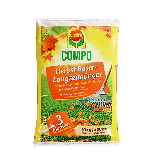 COMPO Herbst-Rasen Langzeit-Dünger, 3 Monate Langzeitwirkung, Feingranulat, 10 kg, 500 m²