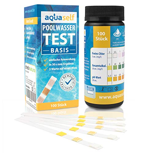 aquaself Poolwasser-Test Basis – Wassertester für Pool auf pH und Chlor und Gesamtalkalinität – 100 Stück Wasserteststreifen - inkl. gratis E-Book