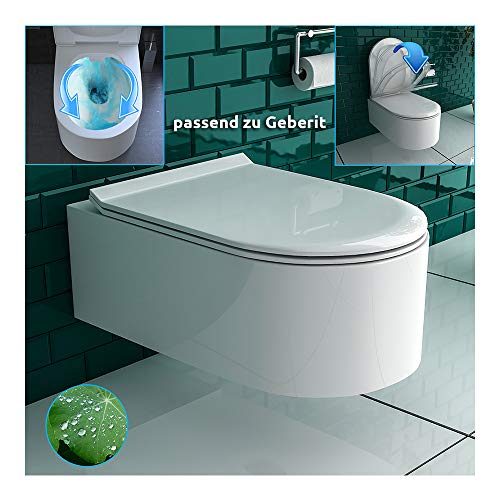 Spülrandloses Keramik Hänge-WC mit WC-Sitz Rimless aus Duroplast mit SoftClose Absenkautomatik| Wand-WC mit Nanobeschichtung | Keramikschüssel D-Form Weiß | passend zu Geberit