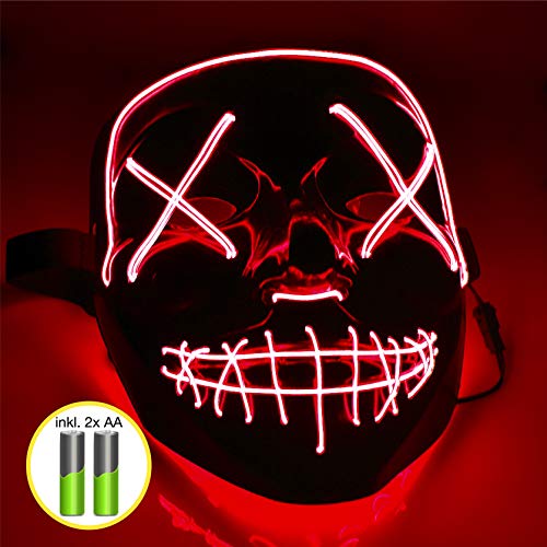 TK Gruppe Timo Klingler LED Grusel Maske rot - wie aus Purge inkl. Batterien mit 3X Lichteffekten, steuerbar, für Halloween als Kostüm für Herren & Damen (rot)