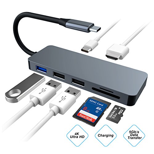 USB C Hub 7 in 1 Aluminium Type-C zu HDMI 4K Adapter, mit USB-C Port, Datenübertragung, SD-Karte, TF-Kartenleser für New MacBook/MacBook Pro 2016/2017, HP Spectre X360/Dell XPS, Samsung Galaxy S8