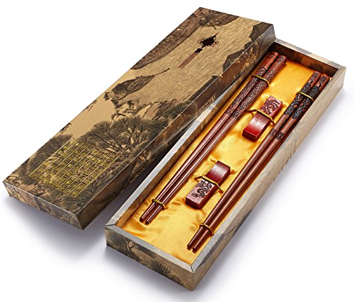 Stäbchen wiederverwendbar Chinesischer Stil Holz Drache und Phoenix Stäbchen mit Halter und Tragetasche Chinesische Geschenk-Set Essstäbchen Set by zomchain (2 Paar)