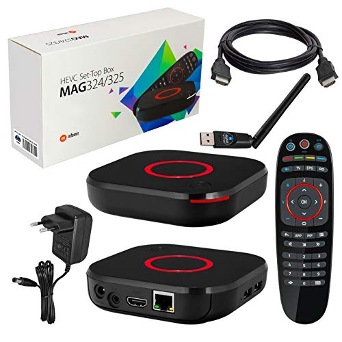 MAG 324 original Infomir & HB-DIGITAL IPTV Set TOP Box Multimedia Player Internet TV IP Receiver (HEVC H.256 Support) + HB Digital WLAN Stick mit Antenne + HDMI Kabel