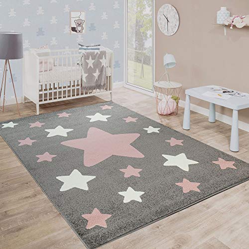 Paco Home Teppich Kinderzimmer Kinderteppich Große Und Kleine Sterne In Grau Rosa, Grösse:160x220 cm