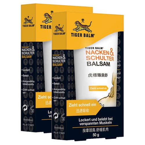 TIGER BALM Nacken & Schulter Balsam – Natürlicher Balsam bei Verspannungen im Nacken- & Schulterbereich – Pflegende Einreibung ideal für unterwegs – 2 x 50 g