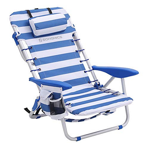 SONGMICS Strandstuhl mit Kopfkissen, Aluminium, tragbarer Klappstuhl, Campingstuhl, faltbar und verstellbar, wie EIN Rucksack tragbar, Outdoor-Stuhl, blau-weiß gestreift GCB62BU