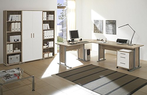 Arbeitszimmer Möbel komplett Set Büro Büromöbel Office Line in Eiche Sonoma / Weiss Glanz 7-teilig