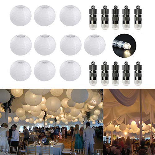 10er Papierlaterne 15cm weiß Lampions + 10er Warmweiße Mini LED-Ballons Lichter, rund Lampenschirm Hochtzeit Party Dekoration Papierlampen 6'