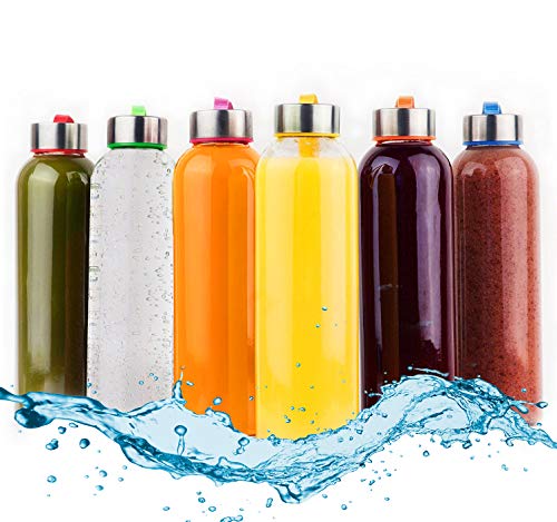 Glasflasche -Trinkflasche 6er Set Mit verschillende kleuren Nylon Schutzhüllen Wasserflaschen für Smoothies, Säfte, Wasser und andere Getränke BPA Frei | Luftdichte Trinkflaschen 6 x 500 ml