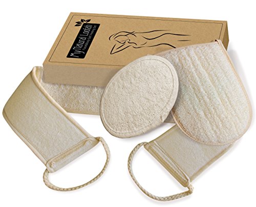 Körper-und Gesichts-Peeling-Set aus Luffaschwamm mit Rückengurt, Peeling Handschuh und Gesichts-Pad für Bad und Dusche –in Geschenkverpackung, ideal als Geschenk für die Frau
