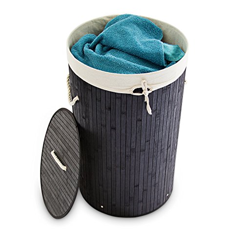 Relaxdays Wäschekorb Bambus rund Ø 41 cm, faltbare Wäschetruhe, Volumen 80 Liter, Wäschesack aus Baumwolle, schwarz