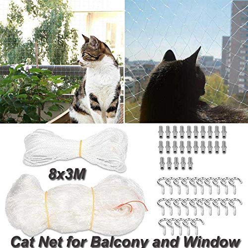 Katzennetz für Balkon und Fenster,8 x 3m Katzenschutz-Netz,Balkonnetz für Katzen und vögel mit 25m Befestigungsseil, Haken und Passstiften zur Absicherung von Balkon, Terrasse, Fenster und Türen
