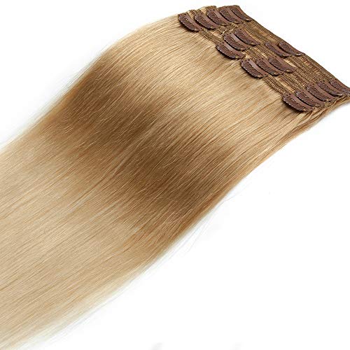 Clip in Extensions Echthaar Doppelt Tressen Haarverlängerung 8 Teilig 100% Remy Hair für Komplette kopf Honigblond/Hellblond#27T613 22'(56cm)-160g