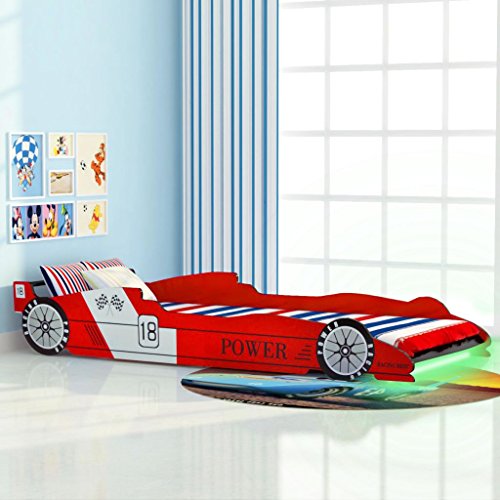 Festnight Kinderbett Autobett Rennwagen ohne Matratze mit LED 90 x 200 cm Rot