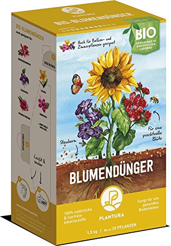 BIO Blumendünger | Plantura | Langzeitwirkung | für eine üppige & prächtige Blüte | 100% tierfrei & bio-zertifiziert | gut für den Boden | unbedenklich für Haus- & Gartentiere | Naturdünger | 1,5 kg | NPK 4-2-7