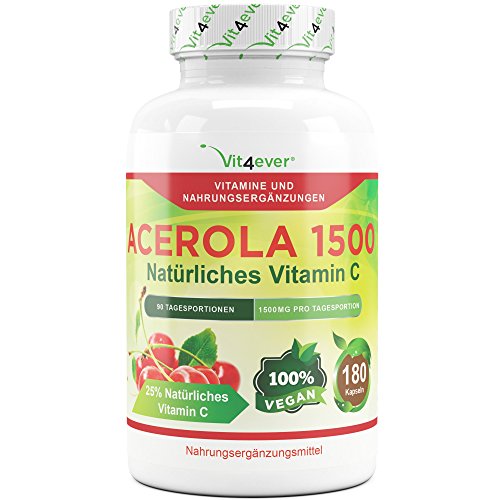 Acerola 1500, natürliches Vitamin C - 180 Kapseln, 1500 mg Acerola Fruchtpulver pro Tagesportion, Hochdosiert mit 25% Vitamin C Anteil, Laborgeprüft, 100% Acerola Kirsche ohne unerwünschte Zusatzstoffe, vegan, Vit4ever