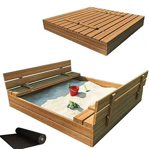 RADgermany Sandkasten Sandbox mit Deckel SITZBÄNKEN Sandkiste 120x120CM Holz